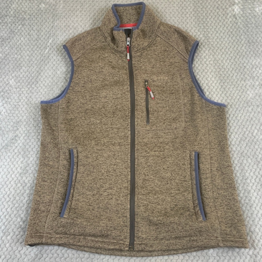 Orvis Mens Large Brown Marl Sweater Fleece Vest Full Zip Fly Fishing‎ Logo